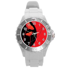 Flower Floral Red Black Sakura Line Round Plastic Sport Watch (l) by Mariart