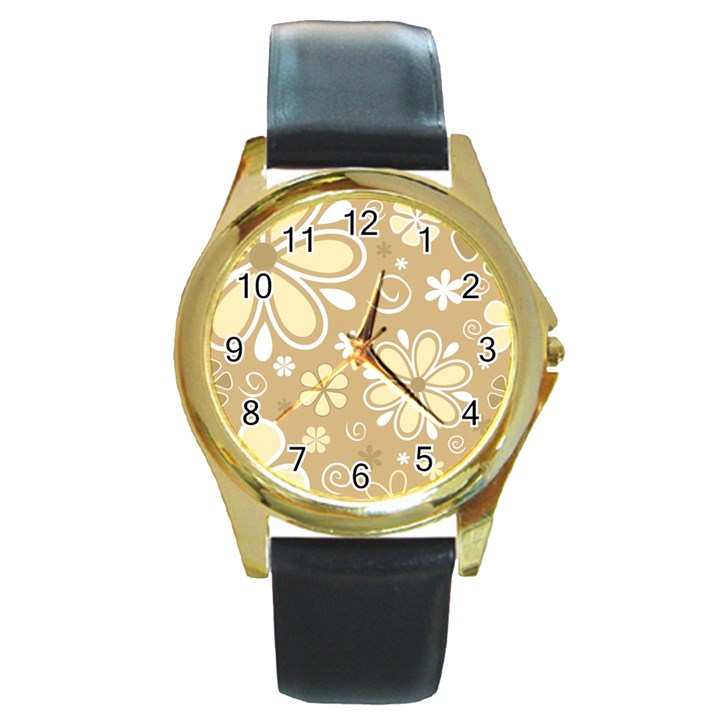 Flower Floral Star Sunflower Grey Round Gold Metal Watch