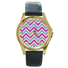 Zig Zags Pattern Round Gold Metal Watch by Valentinaart