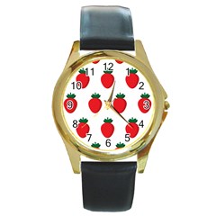 Fruit Strawberries Red Green Round Gold Metal Watch by Mariart