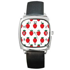 Fruit Strawberries Red Green Square Metal Watch by Mariart