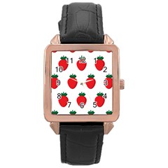 Fruit Strawberries Red Green Rose Gold Leather Watch  by Mariart