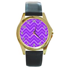 Zig Zags Pattern Round Gold Metal Watch by Valentinaart