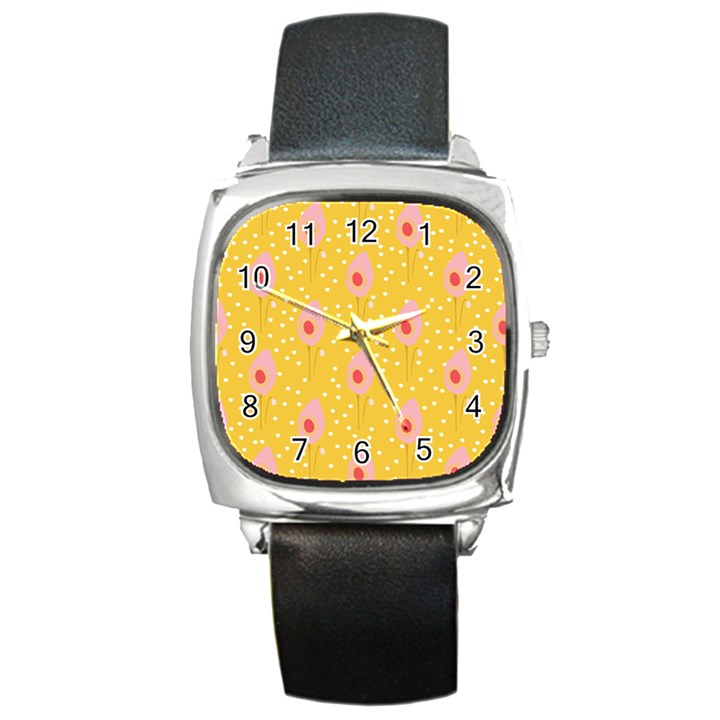 Flower Floral Tulip Leaf Pink Yellow Polka Sot Spot Square Metal Watch