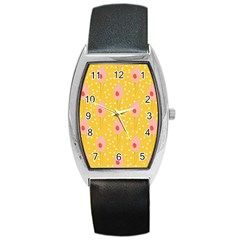 Flower Floral Tulip Leaf Pink Yellow Polka Sot Spot Barrel Style Metal Watch by Mariart