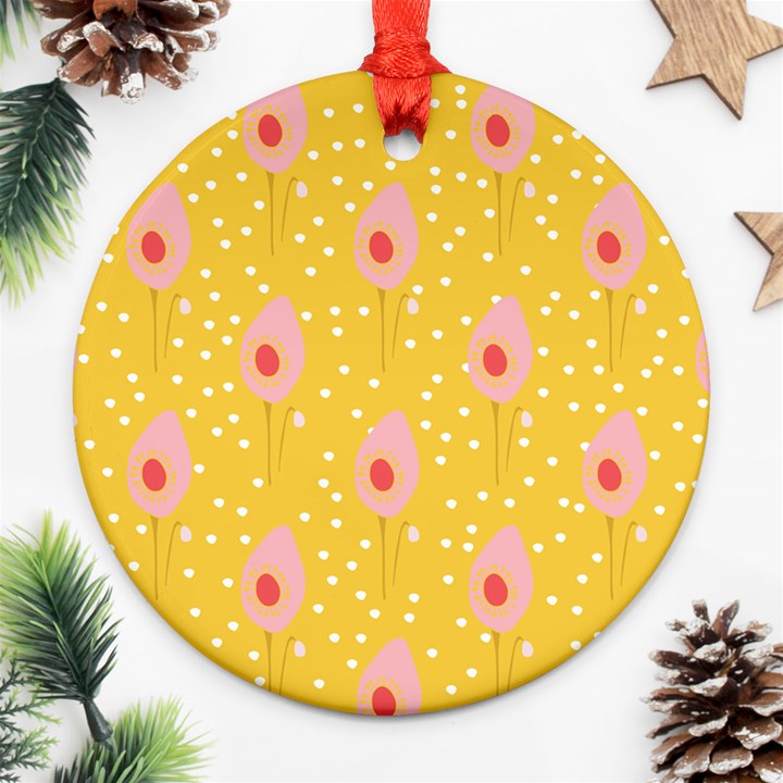 Flower Floral Tulip Leaf Pink Yellow Polka Sot Spot Round Ornament (Two Sides)