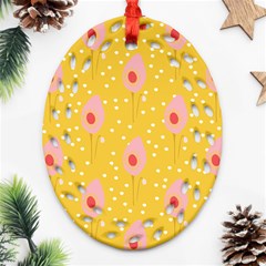 Flower Floral Tulip Leaf Pink Yellow Polka Sot Spot Ornament (oval Filigree) by Mariart