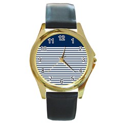 Horizontal Stripes Blue White Line Round Gold Metal Watch by Mariart