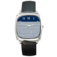 Horizontal Stripes Blue White Line Square Metal Watch by Mariart