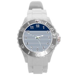 Horizontal Stripes Blue White Line Round Plastic Sport Watch (l)