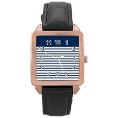 Horizontal Stripes Blue White Line Rose Gold Leather Watch 