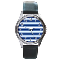 Horizontal Stripes Dark Blue Round Metal Watch by Mariart