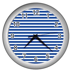 Horizontal Stripes Dark Blue Wall Clocks (Silver) 