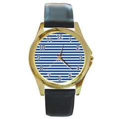 Horizontal Stripes Dark Blue Round Gold Metal Watch by Mariart