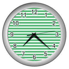 Horizontal Stripes Green Wall Clocks (silver)  by Mariart