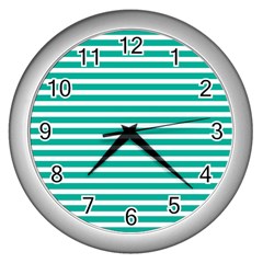 Horizontal Stripes Green Teal Wall Clocks (silver) 