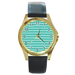 Horizontal Stripes Green Teal Round Gold Metal Watch by Mariart