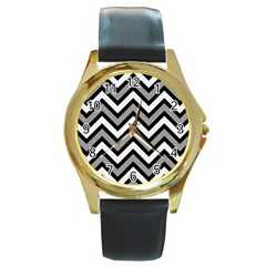 Zig Zags Pattern Round Gold Metal Watch by Valentinaart