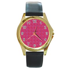 Red White And Blue Leopard Print  Round Gold Metal Watch by PhotoNOLA