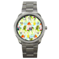 Summer House And Garden A Completely Seamless Tile Able Background Sport Metal Watch by Simbadda