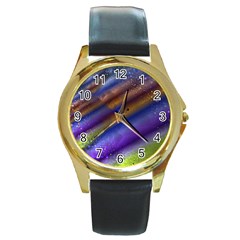 Fractal Color Stripes Round Gold Metal Watch