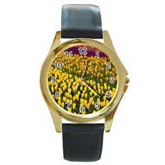 Colorful Tulips In Keukenhof Gardens Wallpaper Round Gold Metal Watch by Simbadda