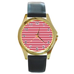 Horizontal Stripes Red Round Gold Metal Watch