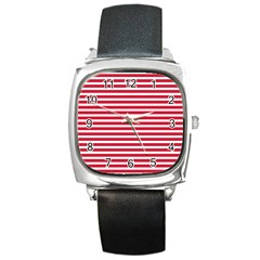 Horizontal Stripes Red Square Metal Watch by Mariart