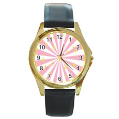 Hurak Pink Star Yellow Hole Sunlight Light Round Gold Metal Watch by Mariart