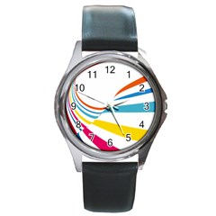 Line Rainbow Orange Blue Yellow Red Pink White Wave Waves Round Metal Watch by Mariart