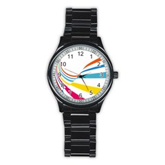 Line Rainbow Orange Blue Yellow Red Pink White Wave Waves Stainless Steel Round Watch by Mariart