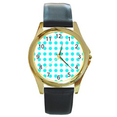 Polka Dot Blue White Round Gold Metal Watch by Mariart