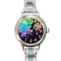 Neon Paint Splatter Background Club Round Italian Charm Watch by Mariart