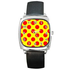 Polka Dot Red Yellow Square Metal Watch by Mariart