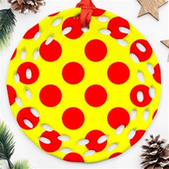 Polka Dot Red Yellow Ornament (round Filigree) by Mariart