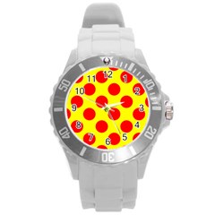 Polka Dot Red Yellow Round Plastic Sport Watch (l) by Mariart