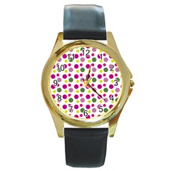 Polka Dot Purple Green Yellow Round Gold Metal Watch by Mariart