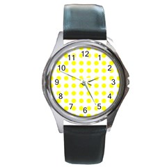 Polka Dot Yellow White Round Metal Watch by Mariart