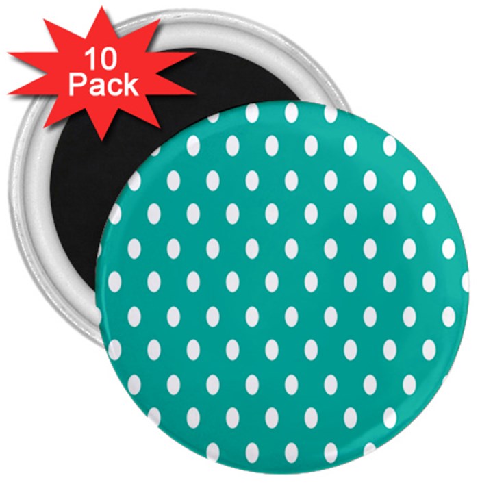 Polka Dots White Blue 3  Magnets (10 pack) 