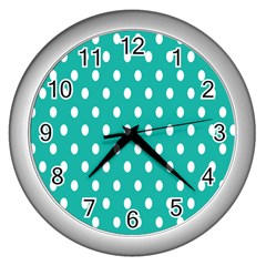 Polka Dots White Blue Wall Clocks (silver)  by Mariart