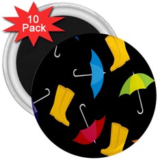 Rain Shoe Boots Blue Yellow Pink Orange Black Umbrella 3  Magnets (10 Pack) 