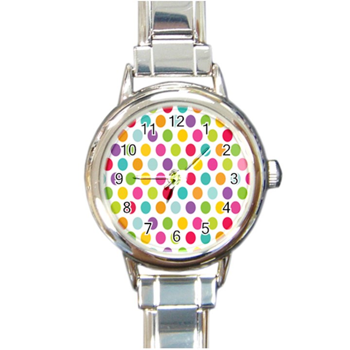 Polka Dot Yellow Green Blue Pink Purple Red Rainbow Color Round Italian Charm Watch