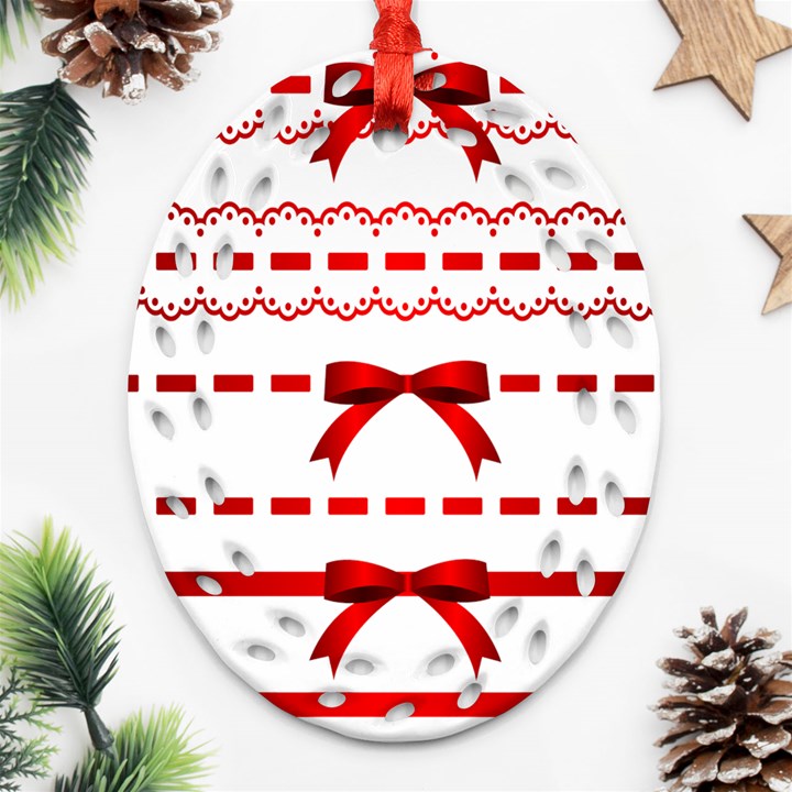 Ribbon Red Line Oval Filigree Ornament (Two Sides)