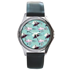 Rain Clouds Umbrella Blue Sky Pink Round Metal Watch