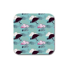 Rain Clouds Umbrella Blue Sky Pink Rubber Square Coaster (4 Pack) 