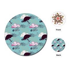 Rain Clouds Umbrella Blue Sky Pink Playing Cards (round) 