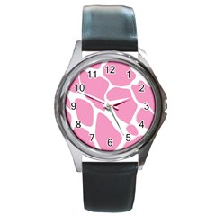 Baby Pink Girl Pattern Colorful Background Round Metal Watch by Simbadda