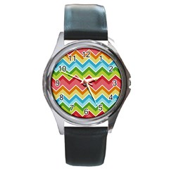 Colorful Background Of Chevrons Zigzag Pattern Round Metal Watch by Simbadda