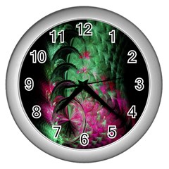 Pink And Green Shapes Make A Pretty Fractal Image Wall Clocks (silver)  by Simbadda