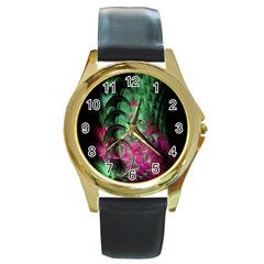 Pink And Green Shapes Make A Pretty Fractal Image Round Gold Metal Watch by Simbadda